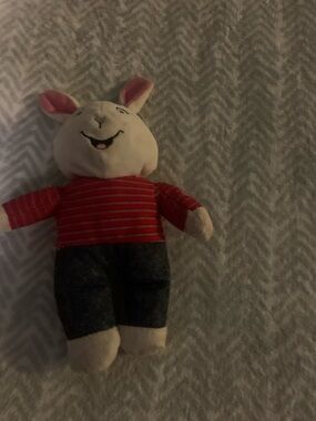 Plush Bunny Doll in Red Striped Shirt and Gray Pants - Kids Toy